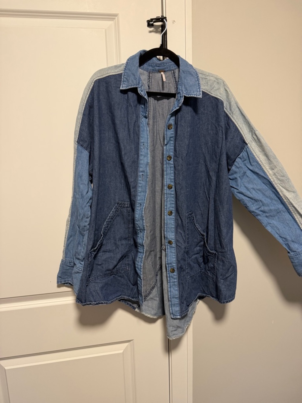 Free People Two-Tone Patchwork Denim Shirt Jacket - Blue - Picture 6 of 9